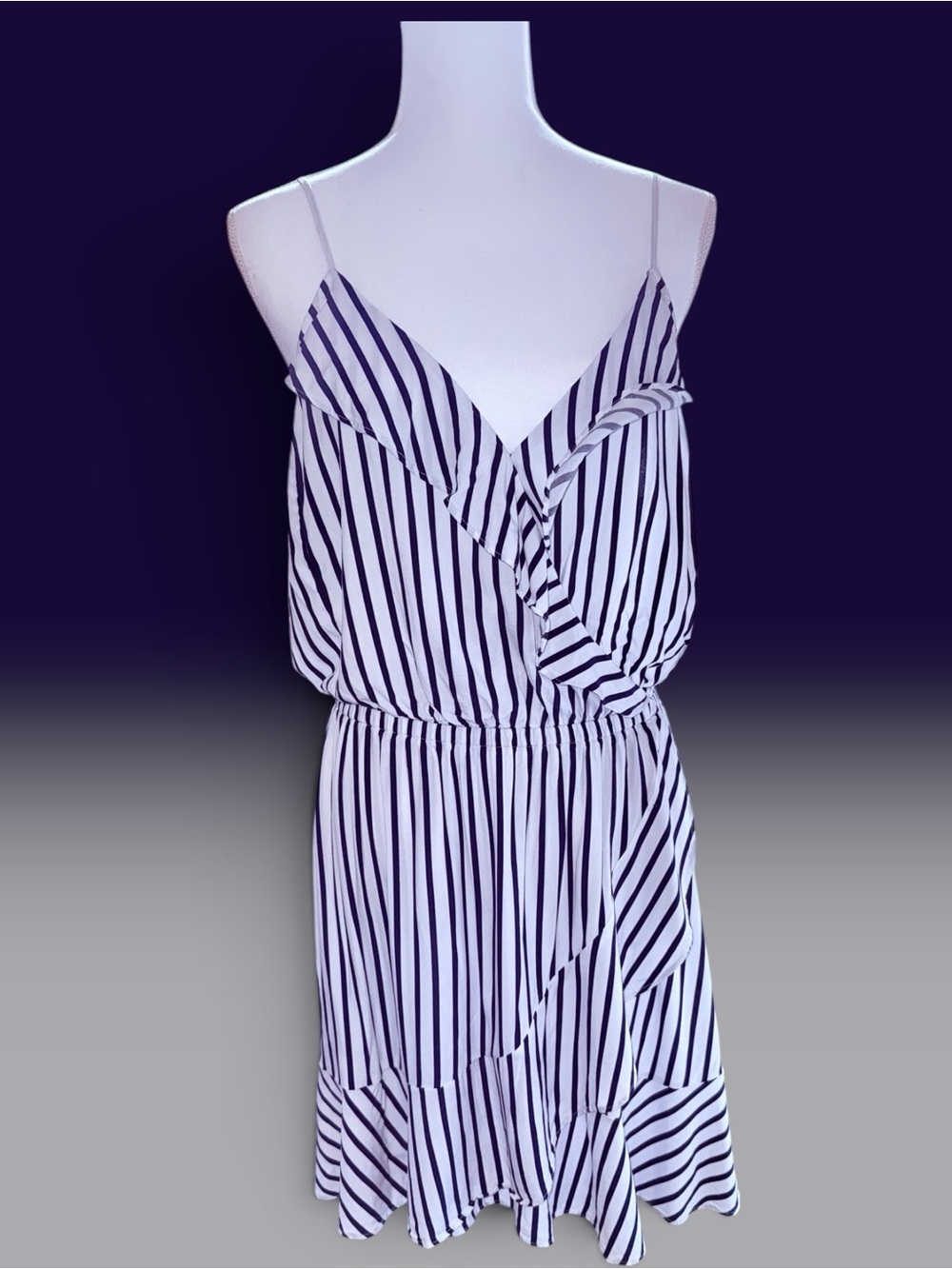Express Mini Wrap Dress in Navy and White Striped Pattern